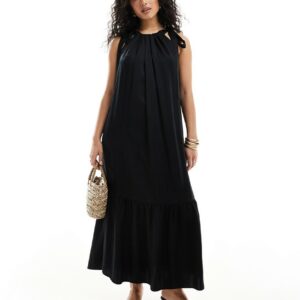 & Other Stories tiered hem maxi dress with gathered tie neck detail and keyhole back in black