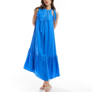 & Other Stories tiered hem maxi dress with gathered tie neck detail and keyhole back in blue