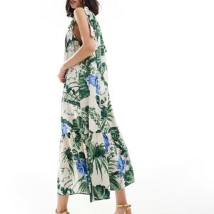 & Other Stories tiered hem maxi dress with gathered tie neck detail and keyhole back in floral leaf print-Multi