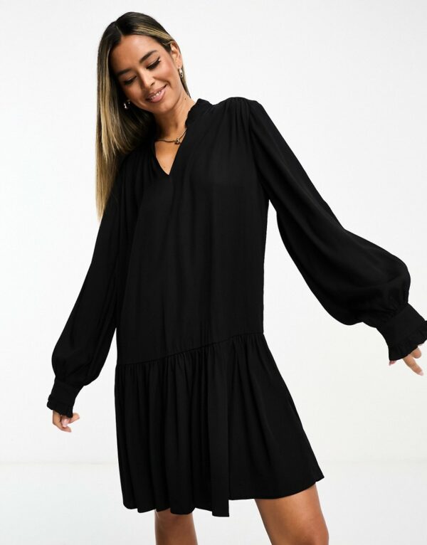 & Other Stories tiered hem mini shirt dress in black