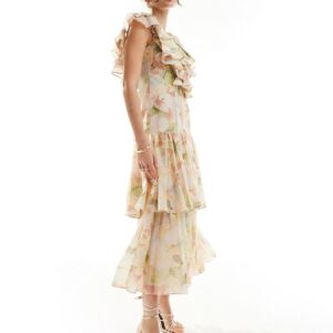 & Other Stories tiered maxi dress with ruffle detail in watercolour floral print-Pink