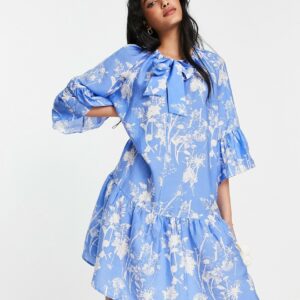 & Other Stories tiered mini smock dress in blue print