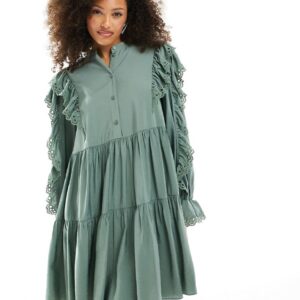 & Other Stories tiered mini smock dress with embroidered frill detail in khaki green