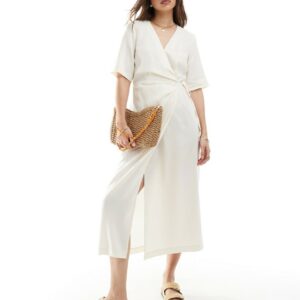 & Other Stories wrap front midi dress with side tie detail in off white