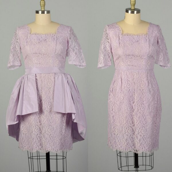 xl 1950S Set Lavender Peplum Waist Lilac Lace Cocktail Party Wiggle Dress