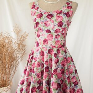 xs - Purple Floral Dress Vintage Sundress Cotton Rose Printed Swing Skirt Retro Party Dress