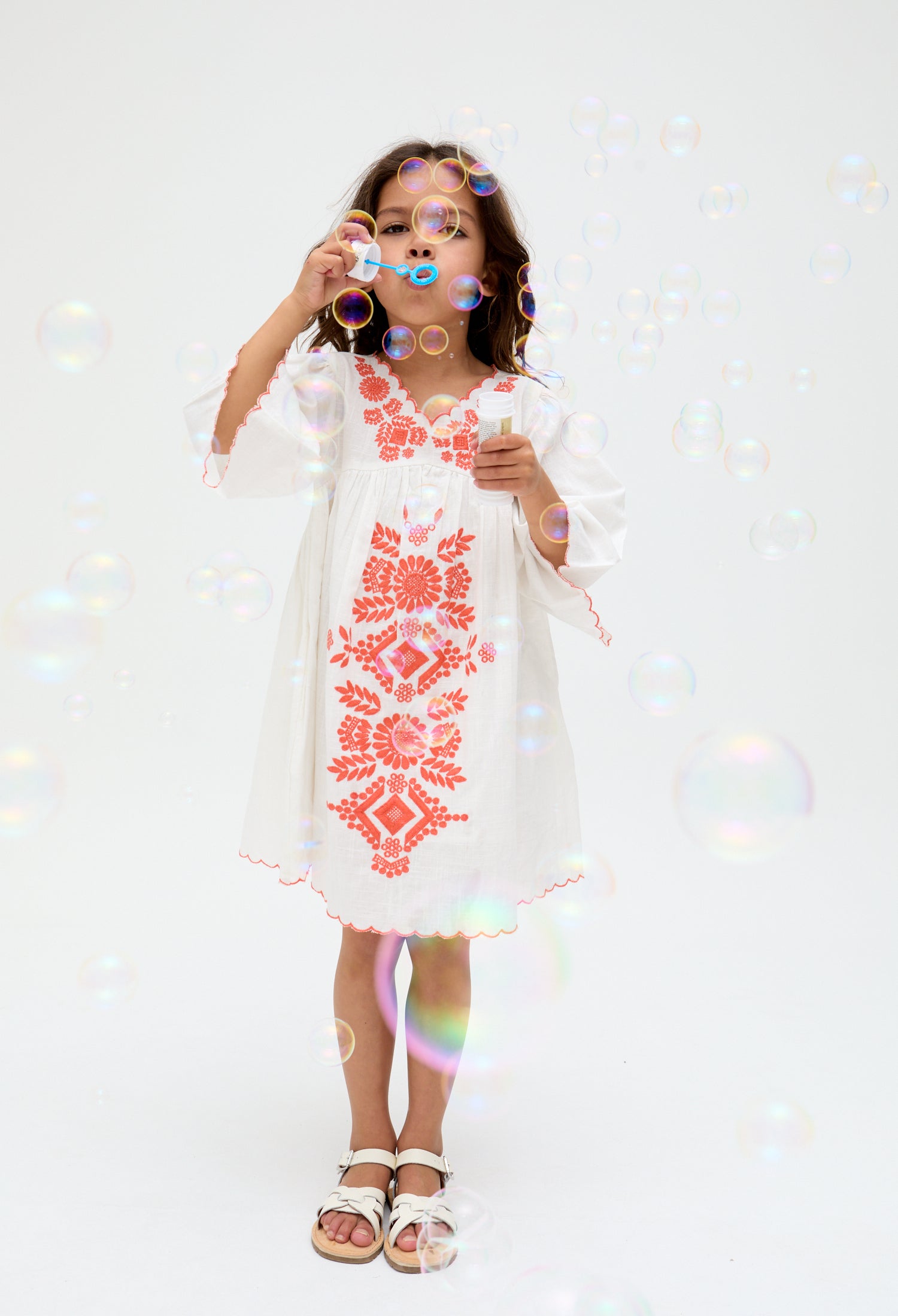 Kids Arabella V- Neck Embroidered Dress In White - years