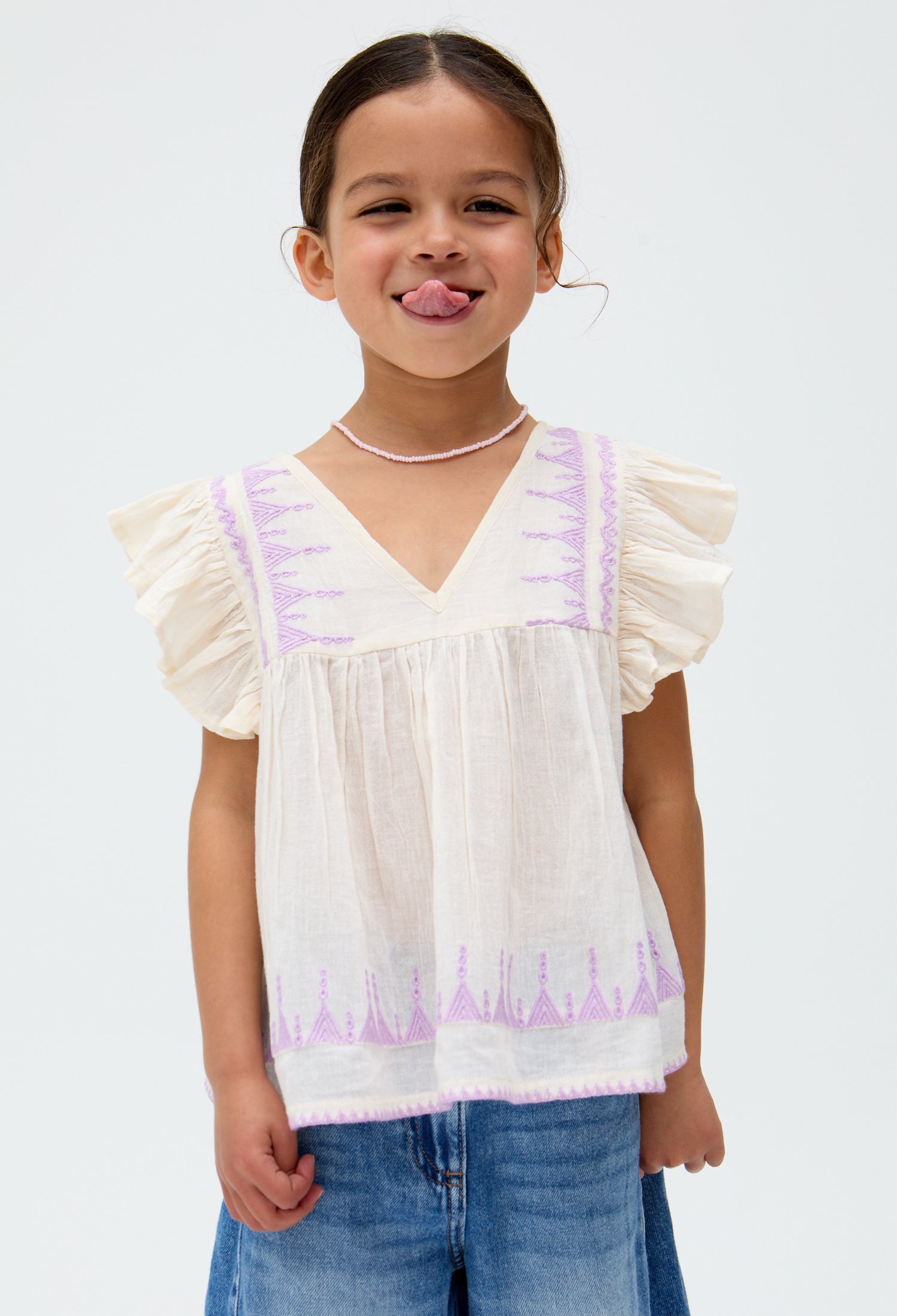 Kids Mariana Flutter Sleeve Embroidered Blouse In Cream - years