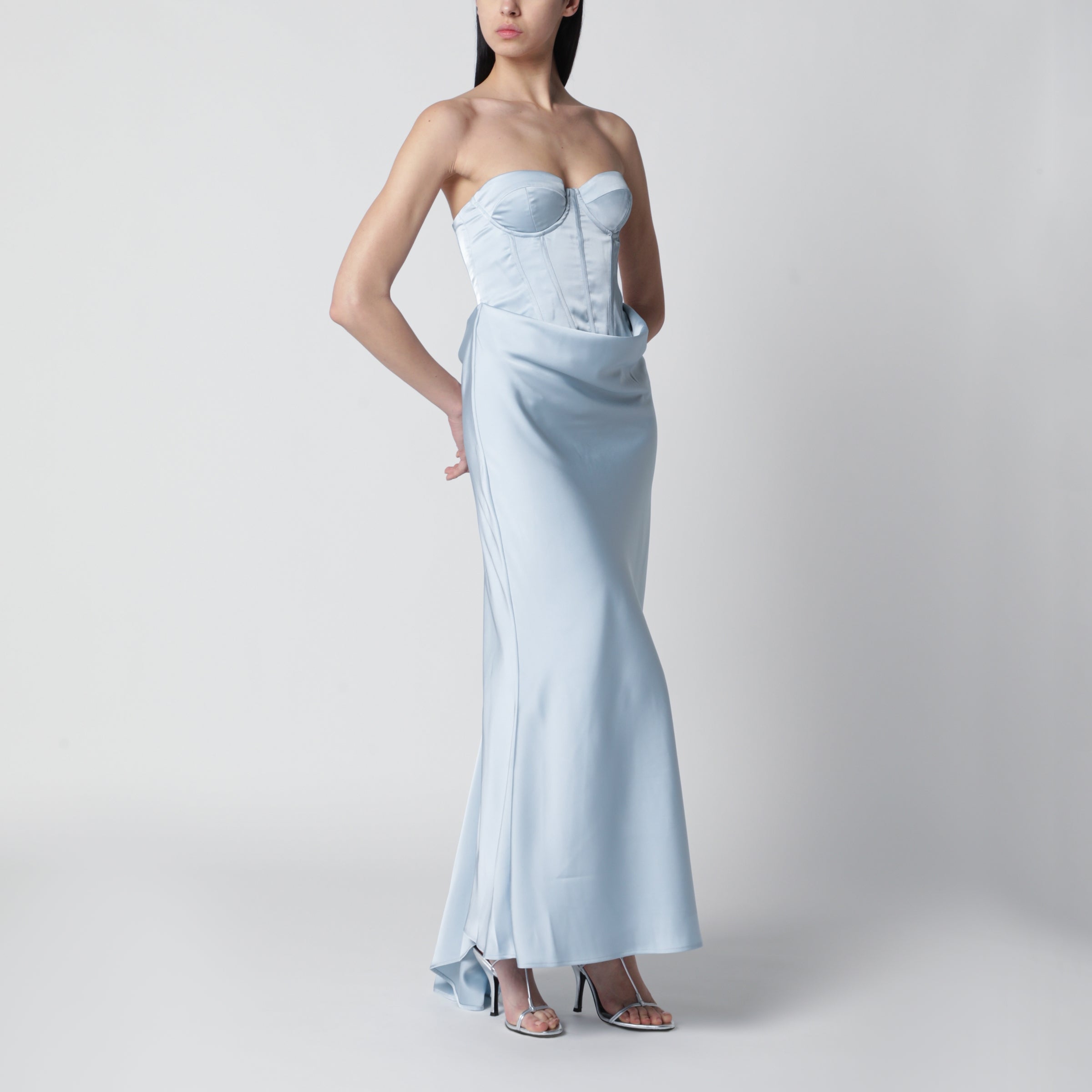 Strapless long corset satin dress in Plein Air