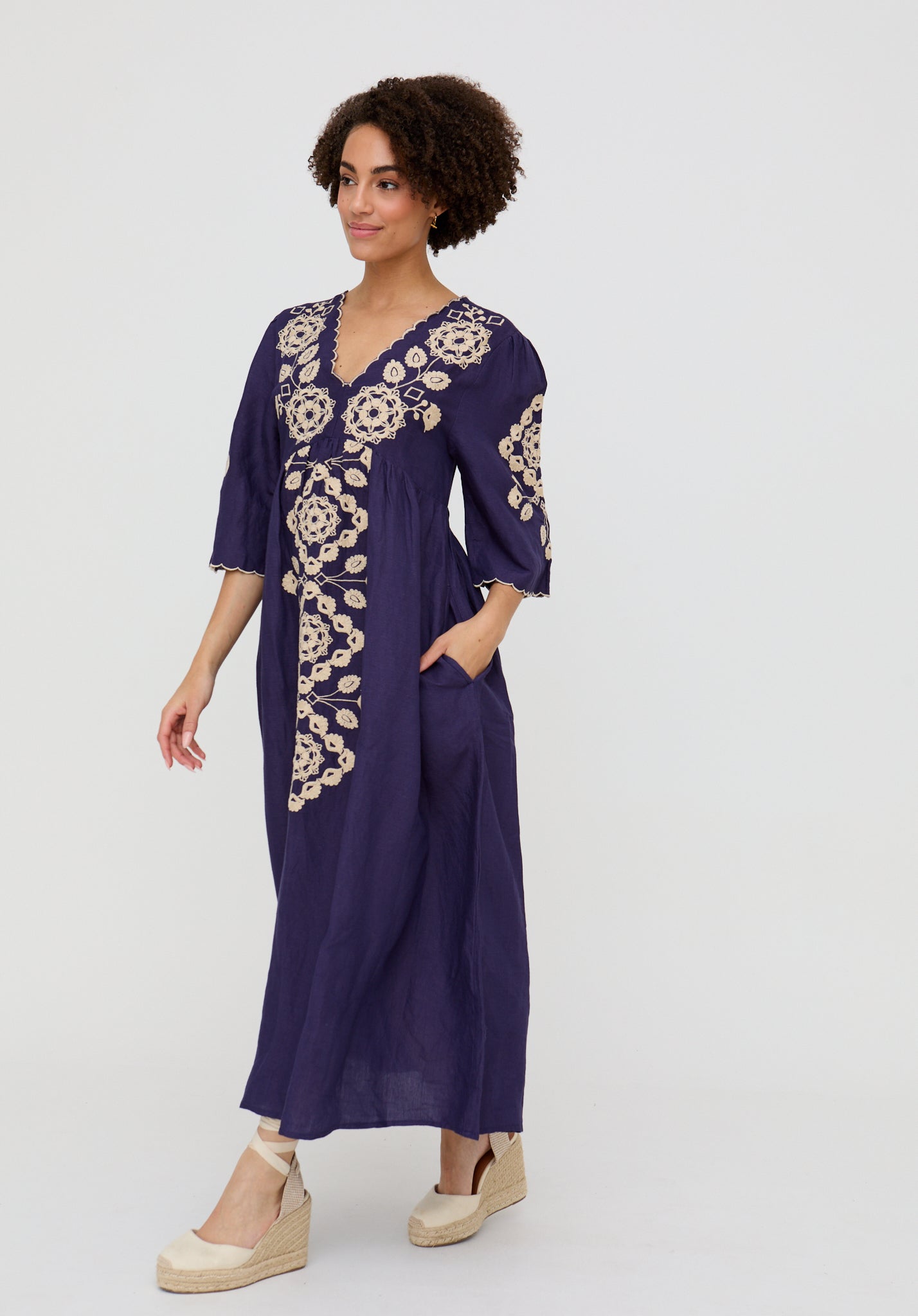 Arianna V- Neck Embroidered Maxi Dress In Blue