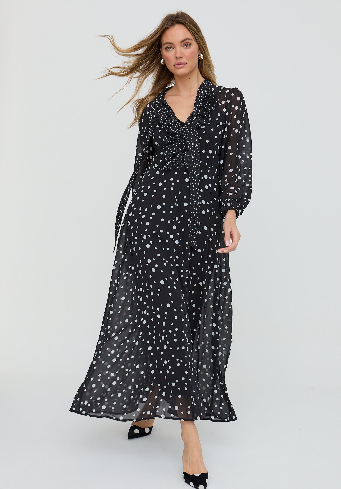 Margot Ruffle Neck Spot Print Maxi Dress In Black