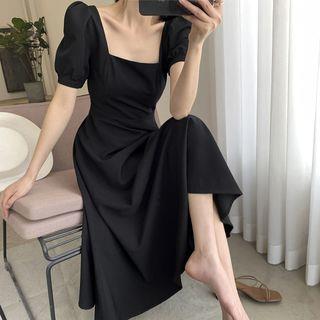 Puff-Sleeve Square-Neck Plain Midi A-Line Dress Black