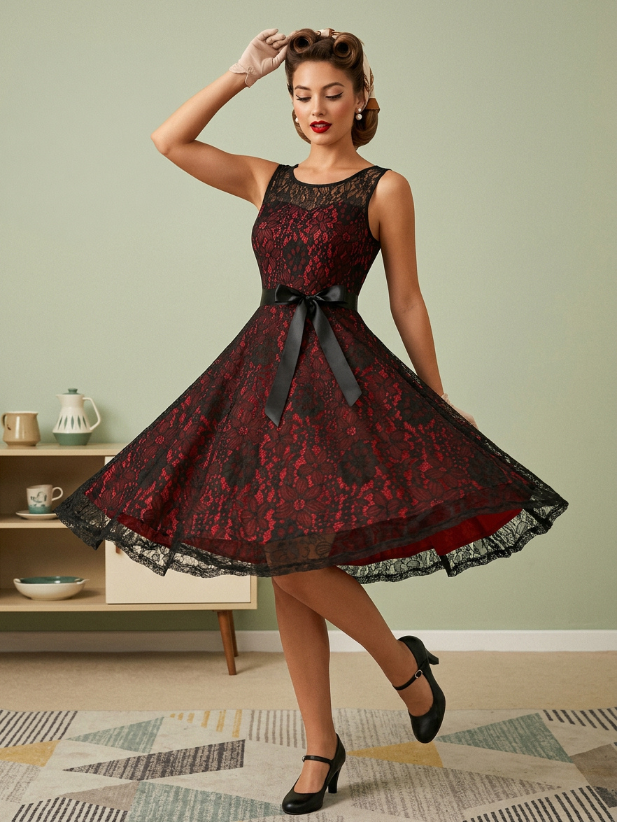 Retro Dress Green s Style Two-Tone Sash Sleeveless V-Neck Medium Rockabilly Dress