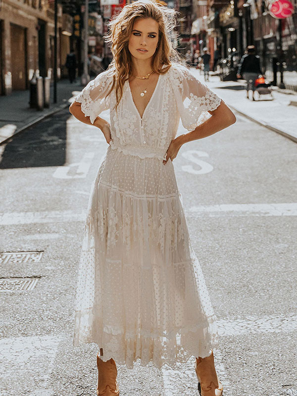 White Maxi Dresses Short Sleeves Lace Applique V-Neck Polyester Floor Length Dress
