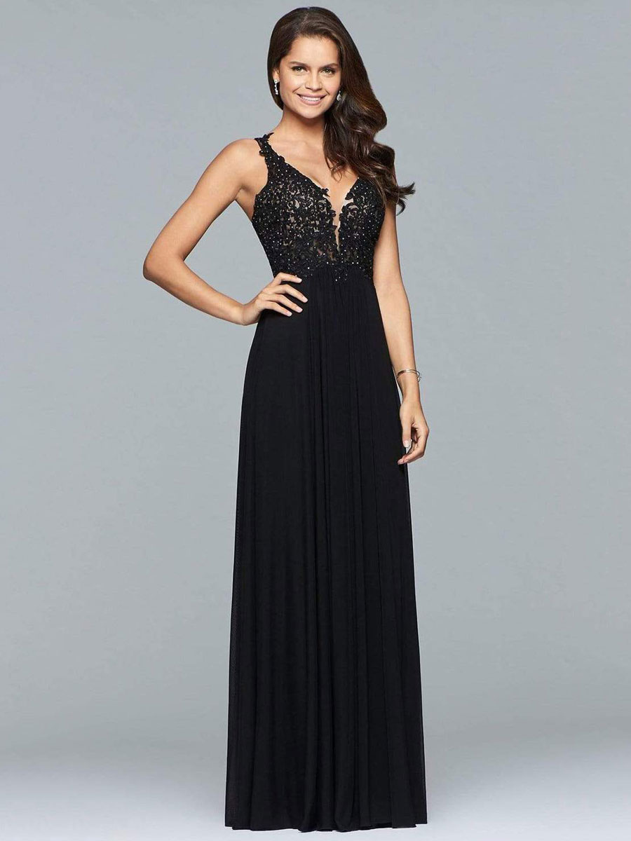 Prom Dress Black A-Line V-Neck Sleeveless Chiffon Sleeveless Long Lace Wedding Guest Dresses