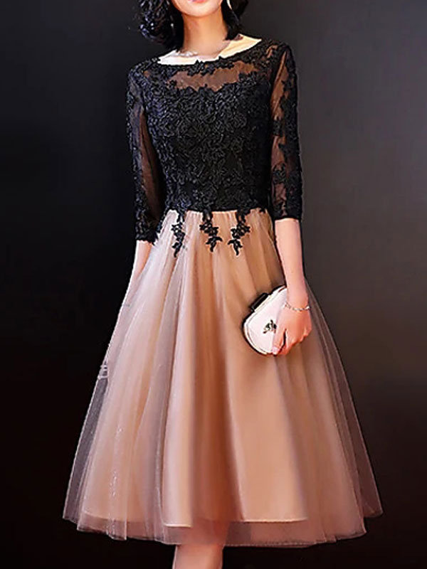 Black Bridal Mother Dress Jewel Neck Half Sleeves Ball Gown Applique Knee-Length Wedding Guest Dresses