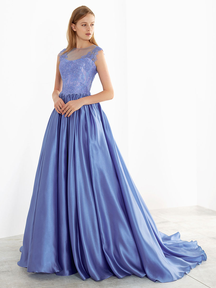 Blue Wedding Dress With Train Strapless Sleeveless Natural Waist Lace Satin Fabric A Line Bridal Gowns