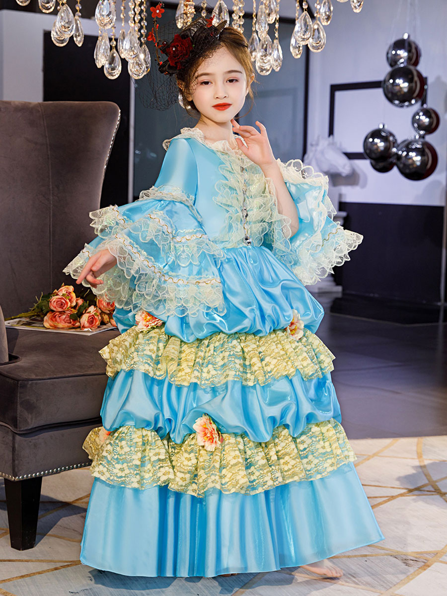 Polyester Fiber Tea Party Ruffles Length Sleeves Polyester Dress ROCOCO Style Blue Kids' Lolita Dresses