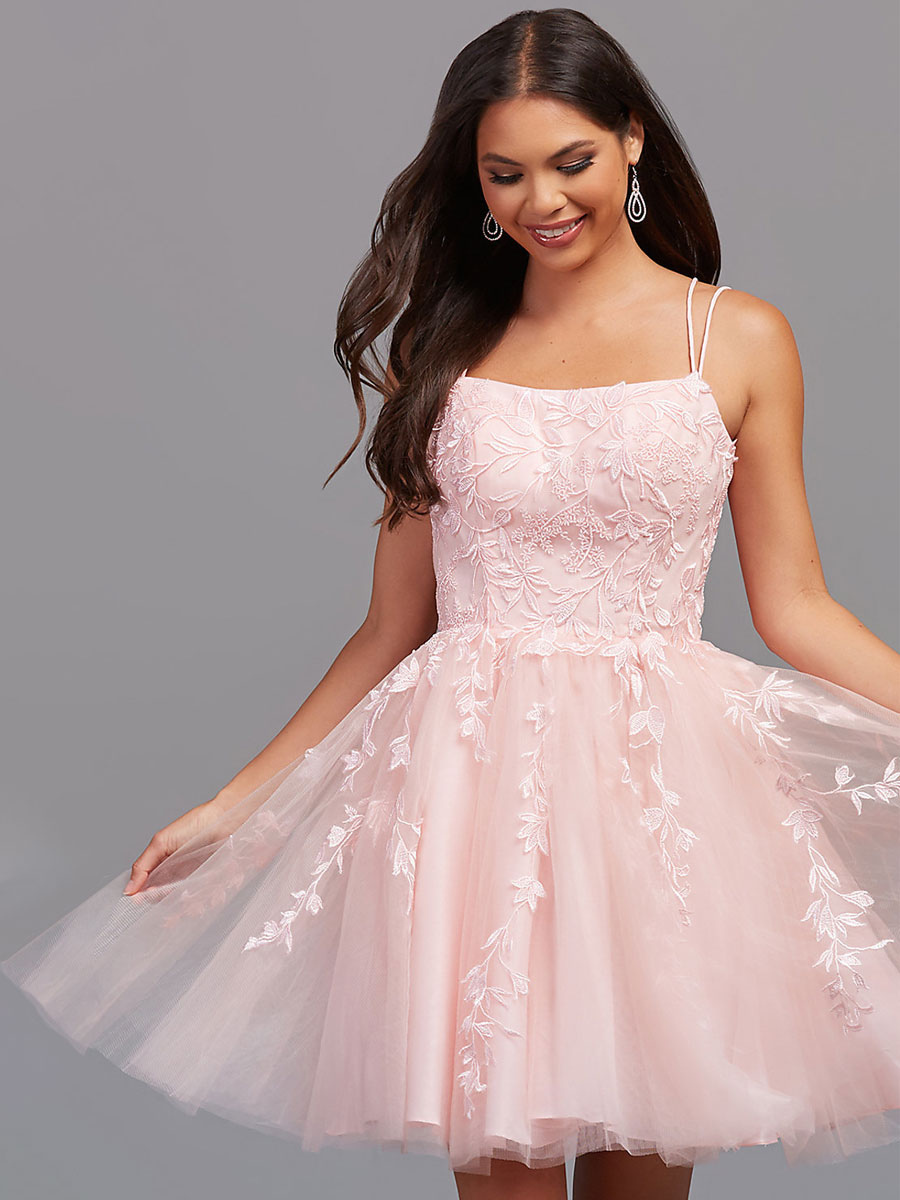 Pink Homecoming Dress Short A-Line Jewel Neck Lace Tight Homecoming Outfits Free Customization
