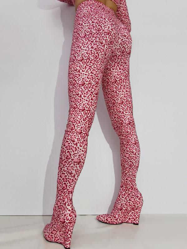 Pink Legging Wedge Heels Leopard Printed Wedge Heel Elastic Thigh High Boots