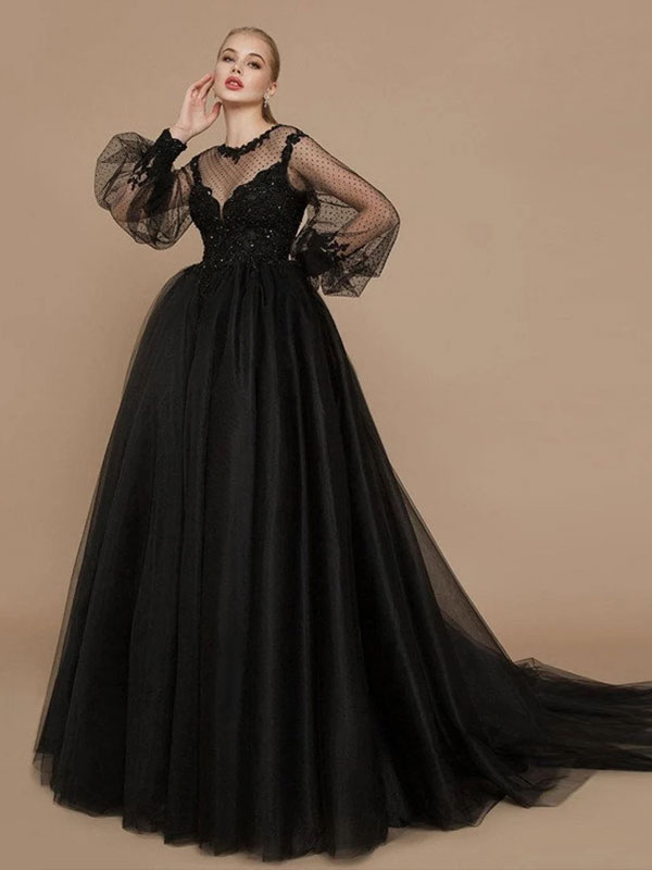Black Gothic Wedding Dresses A-Line Long Sleeves Lace With Train Bridal Dress Free Customization