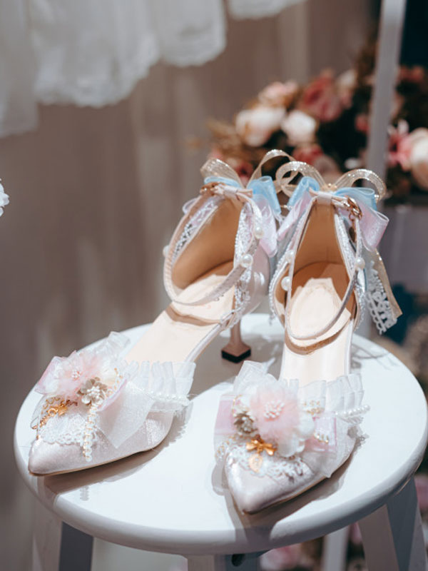 Lolita Wedding Dress Lolita Footwear Pink Flowers Ruffles Bows Pointed Toe Satin Lolita Pumps