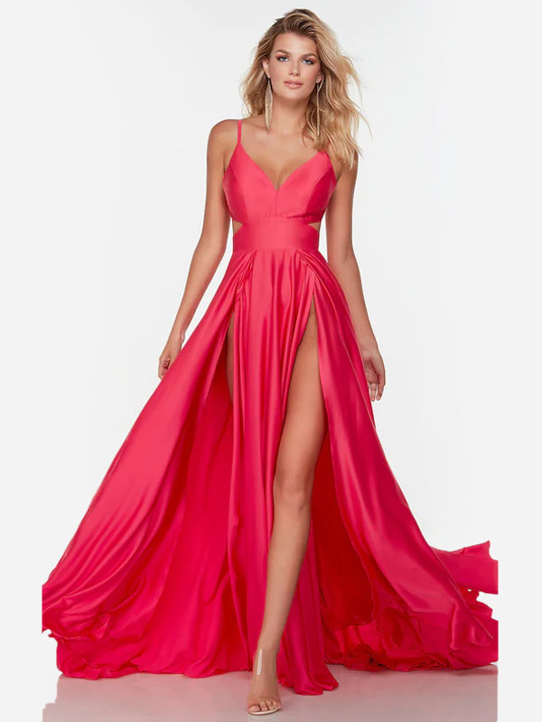 Prom Dress A-Line V-Neck Elastic Silk Like Satin Sleeveless Split Front Pageant Dresses Free Customization