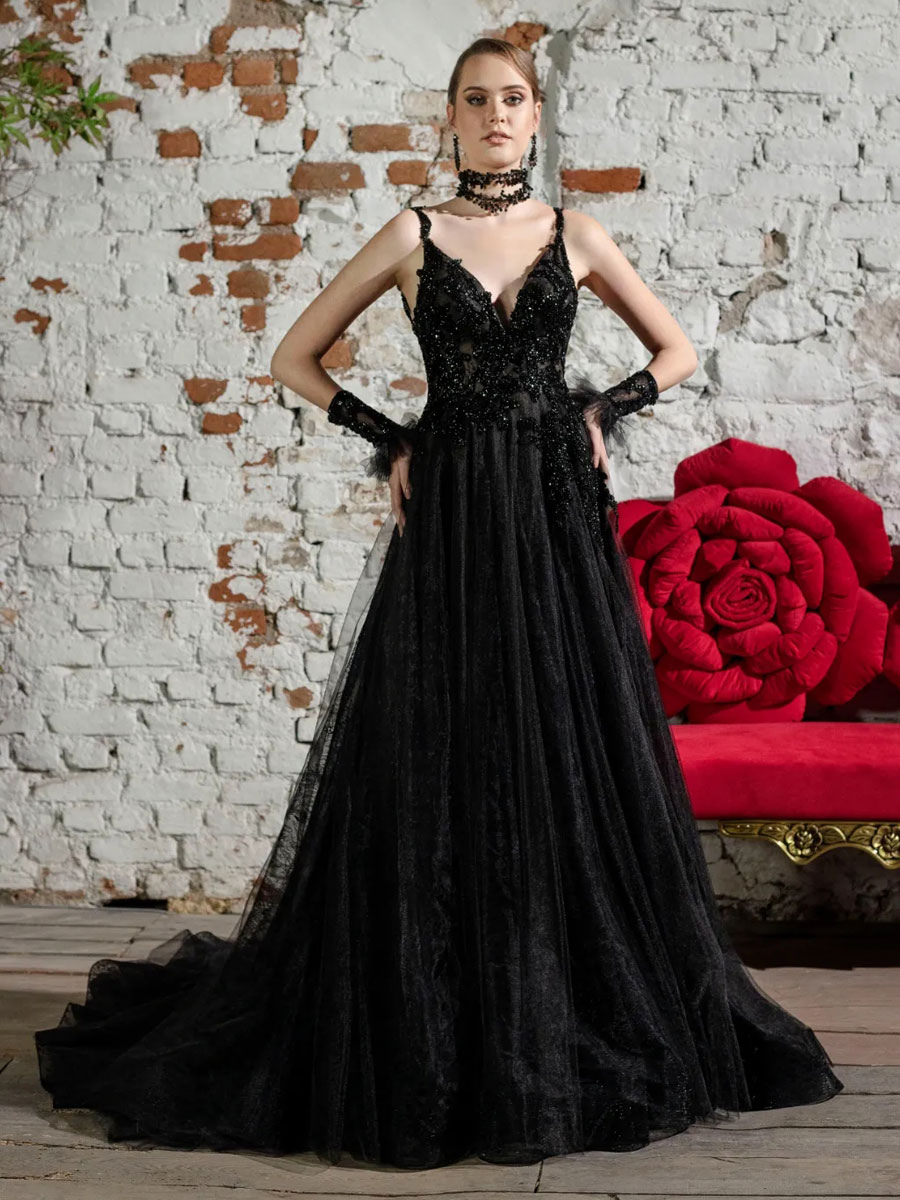 Black Wedding Dresses Lace A-Line Sleeveless Court Train Bridal Dress Free Customization