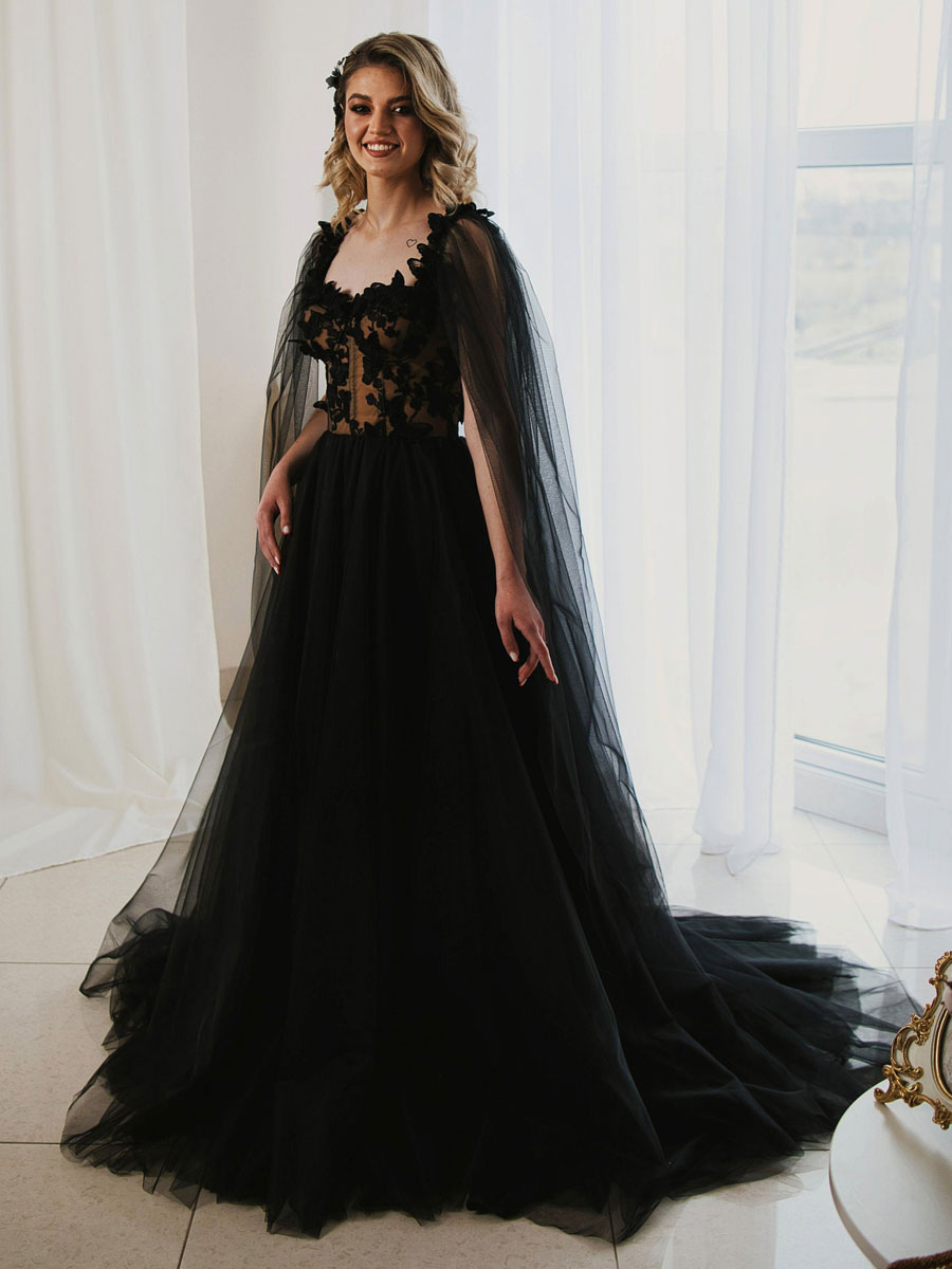 Black Wedding Dresses A-Line Sleeveless Lace With Train Bridal Dress Free Customization