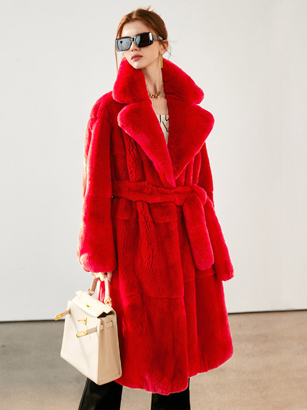 Faux Fur Long Coat Notched Lapel Belted Winter Eco-friendly Jacket For Women