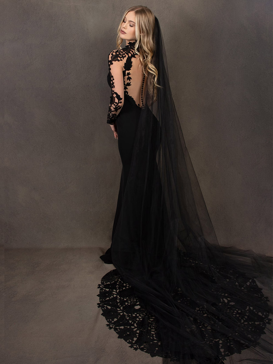 Black Wedding Dresses Mermaid Long Sleeves Lace Satin Fabric Court Train Bridal Dress