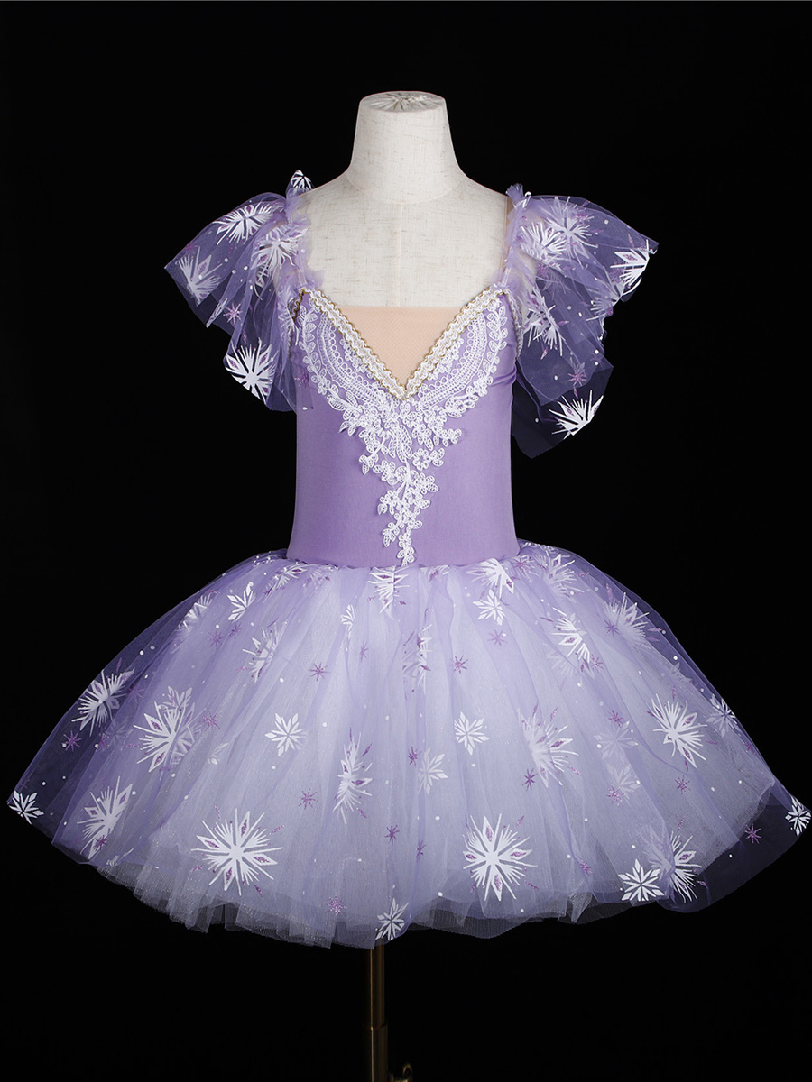 Ballet Dance Costumes Purple Women's Kid's Ballerina Ruffles Lace Floral Print Polyester Dress Dancing Wear
