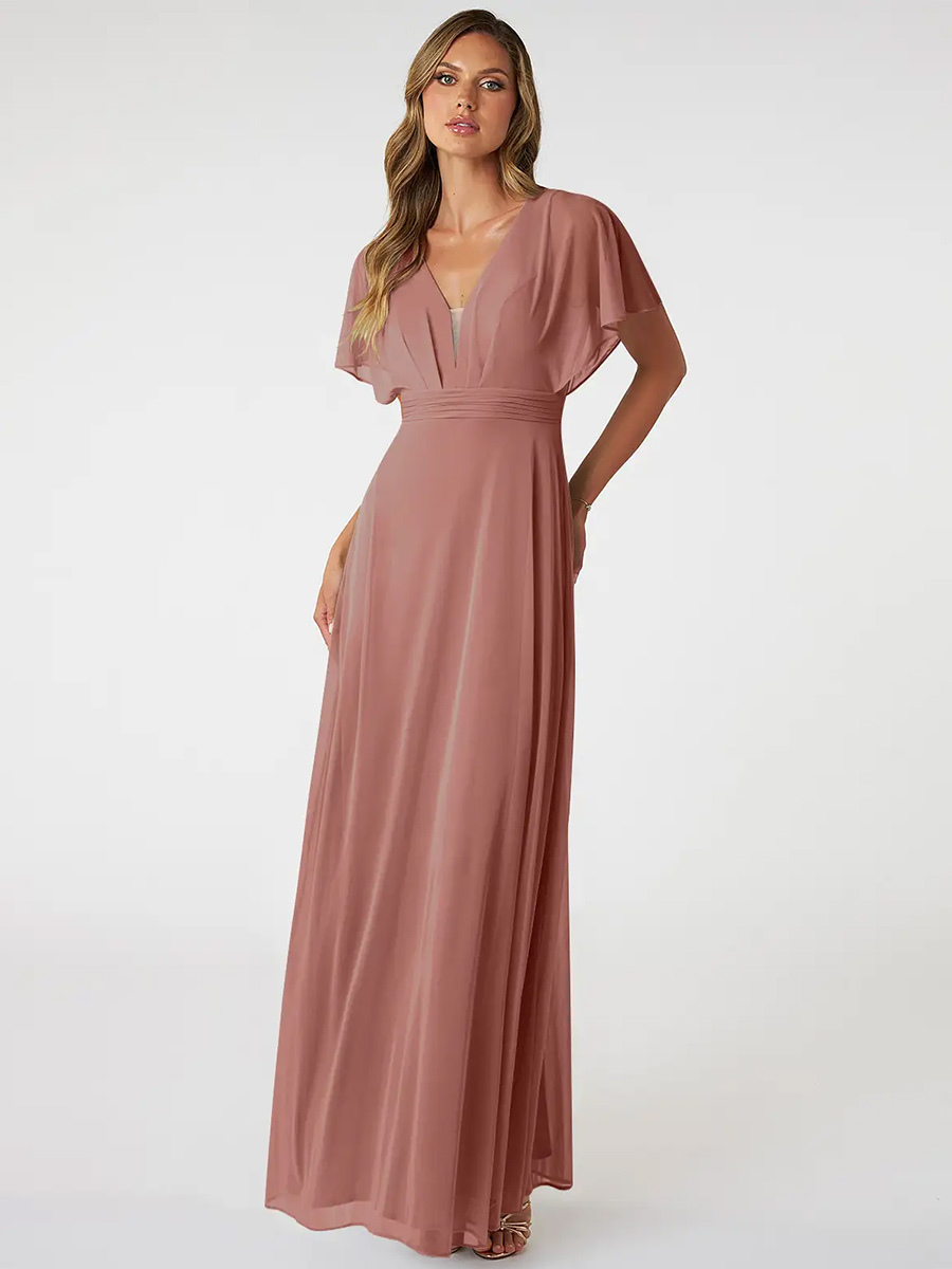 Blush Pink Bridesmaid Dresses V-Neck Backless Chiffon A-Line Prom Dress