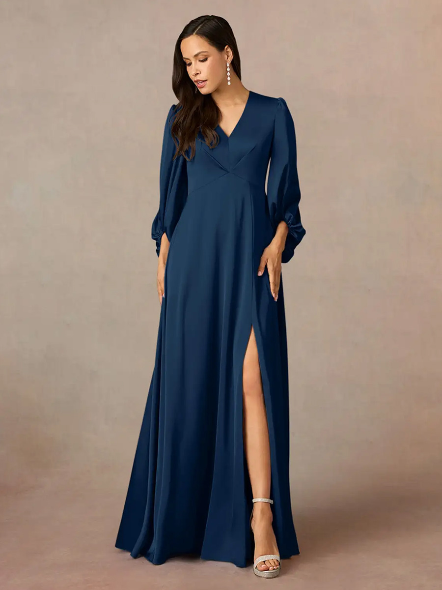 Mother Dress V-Neck Length Sleeves A-Line Pleated Floor-Length Wedding Guest Dresses
