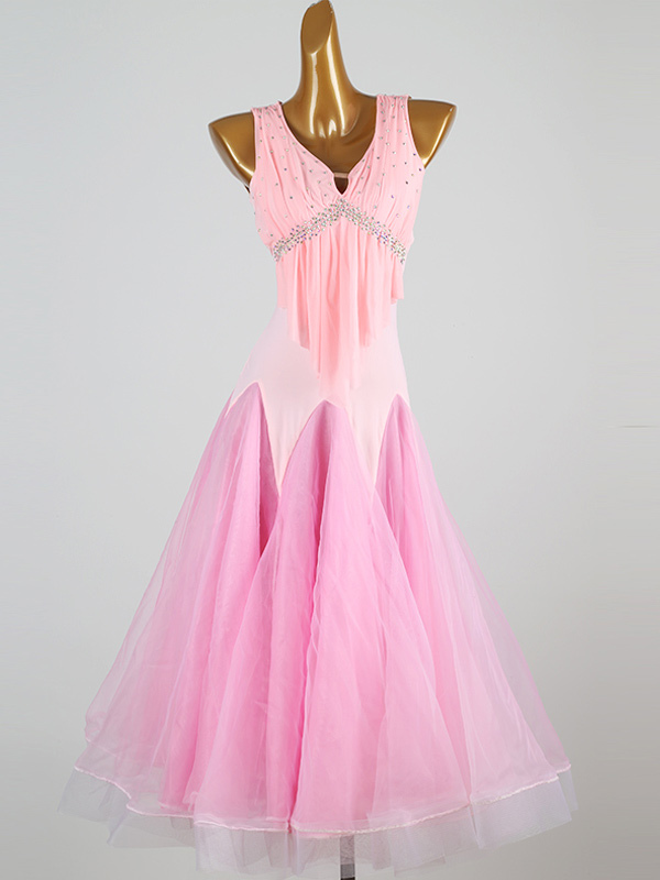 Ballroom Dance Costumes Pink Women's Elegant Lycra Spandex V-Neck Sequins Dress Dance Dress