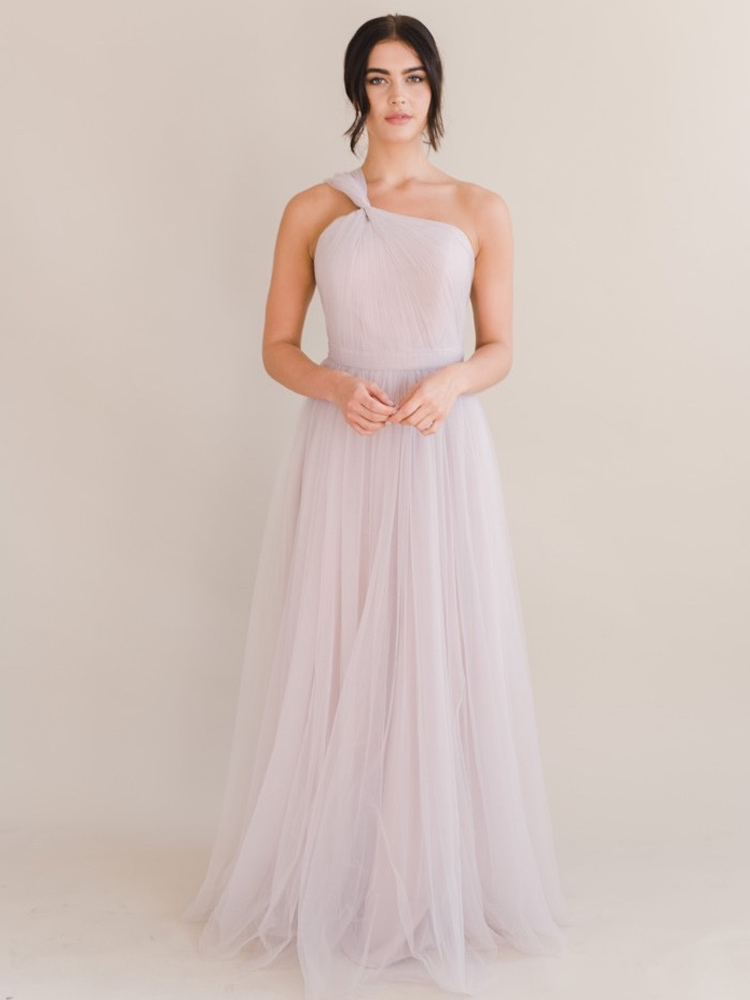 Evening Dress A-Line One-Shoulder With Train Sleeveless Backless Pleated Tulle Social Party Dresses