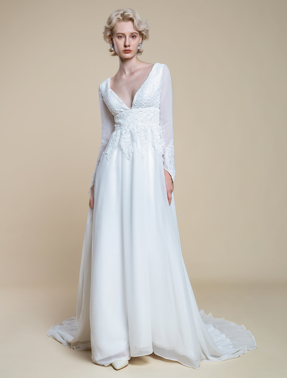 Boho Wedding Dress Polyester Lace A-Line With Train Empire Waist Zipper Long Sleeves V