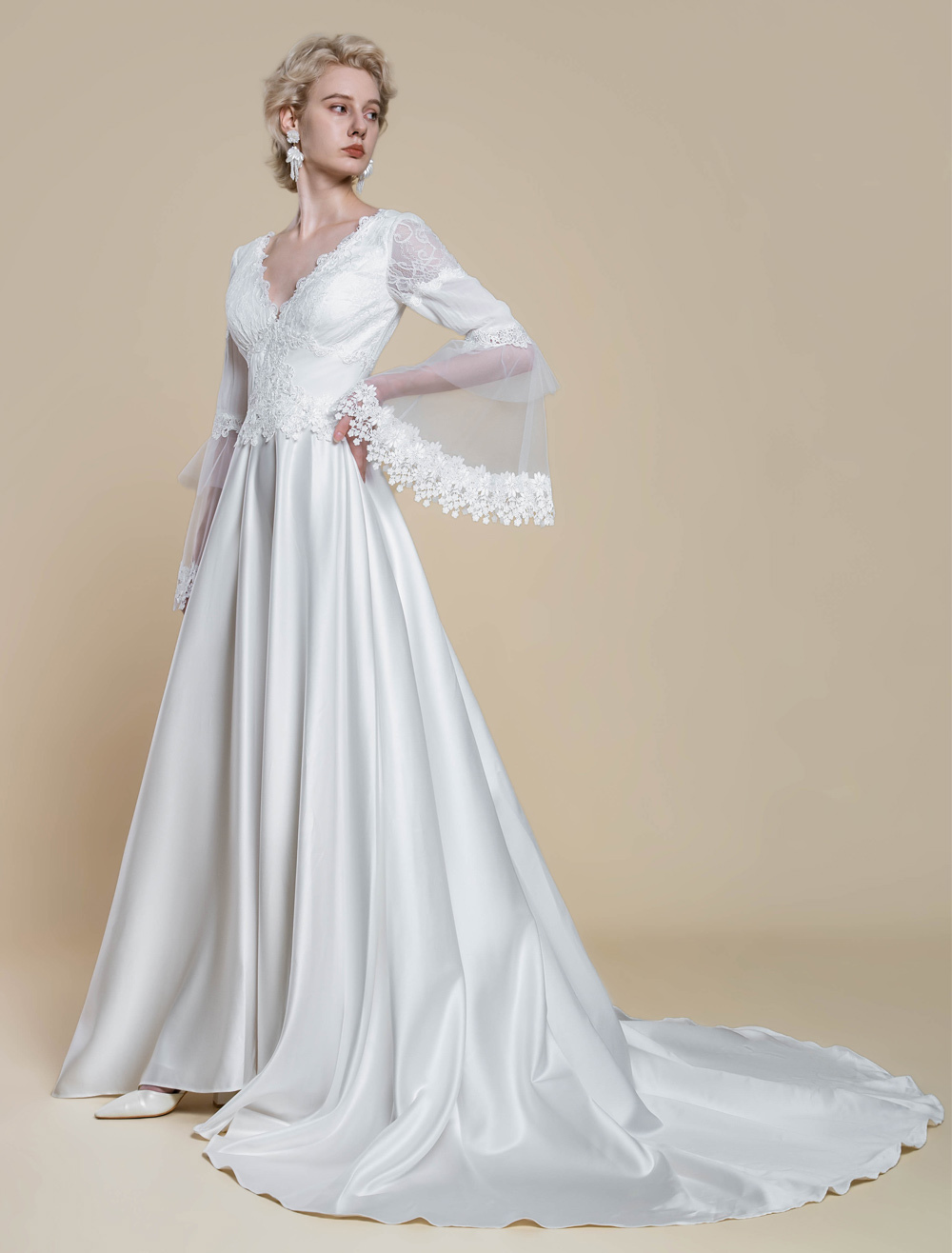 Boho Wedding Dress Polyester Lace Ball Gown With Train Natural Waist Backless Long Sleeves V