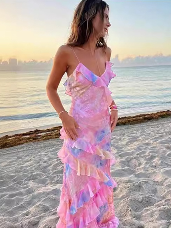 Tiered Ruffle Maxi Slip Dress for Women - Floral Backless V Neck Sleeveless Long Sundress - Summer Beach Vacation