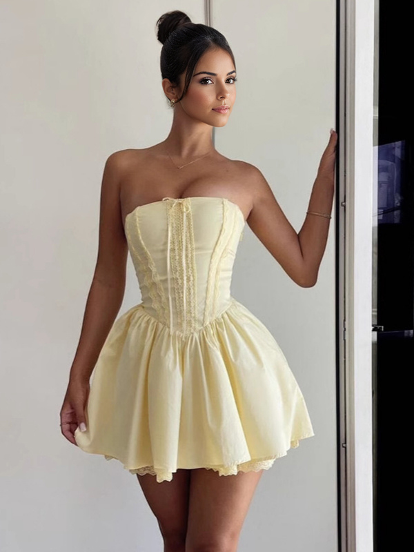 Butter Yellow Sleeveless Lace-Trimmed Mini Corset Dress With Lace-up Back