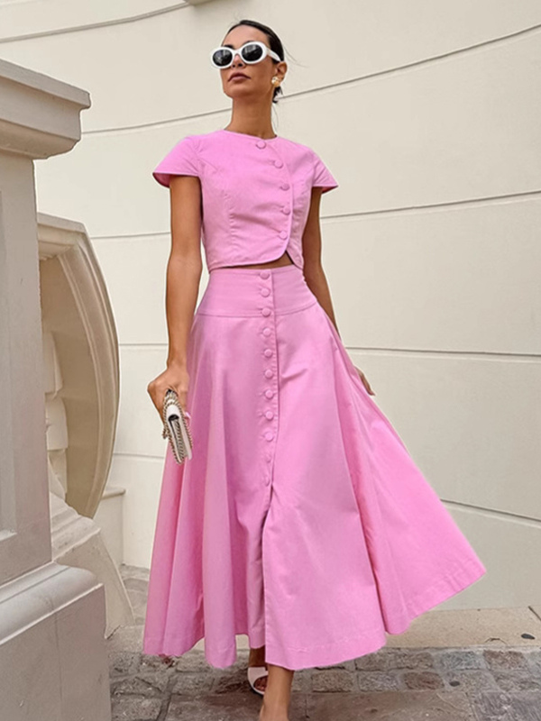 Pink Crop Top And High-Waist Long Skirt Two Piece Co-ord Set For Summer