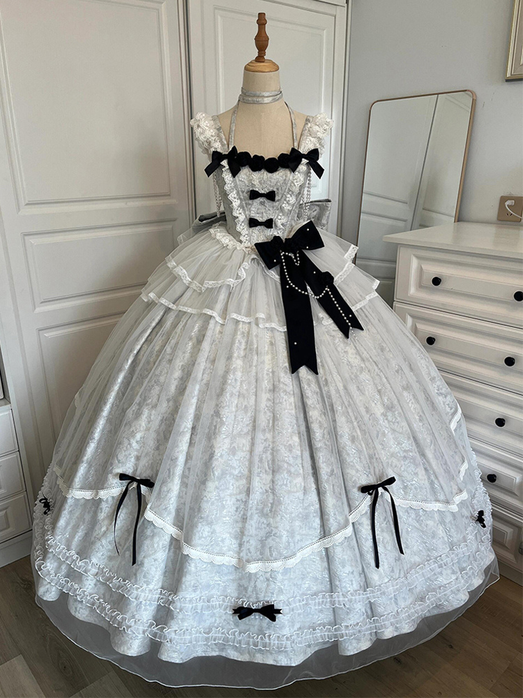 Halloween Gothic Wedding Lolita Dress Blue Gray Jacquard Party Dress with Bows and Ruffles Kawaii Fashion