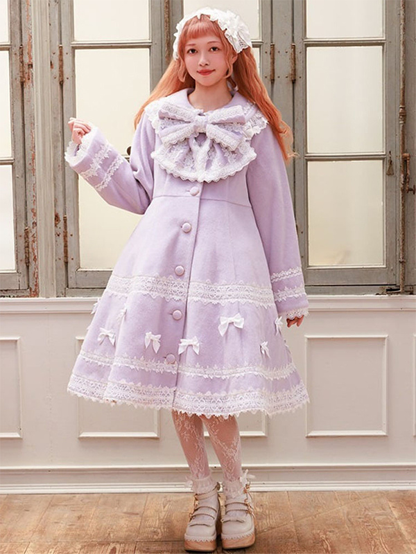 Sweet Lolita Coats Soft Pink Purple Bows Lace Long Sleeve Overcoat Winter Lolita Coat