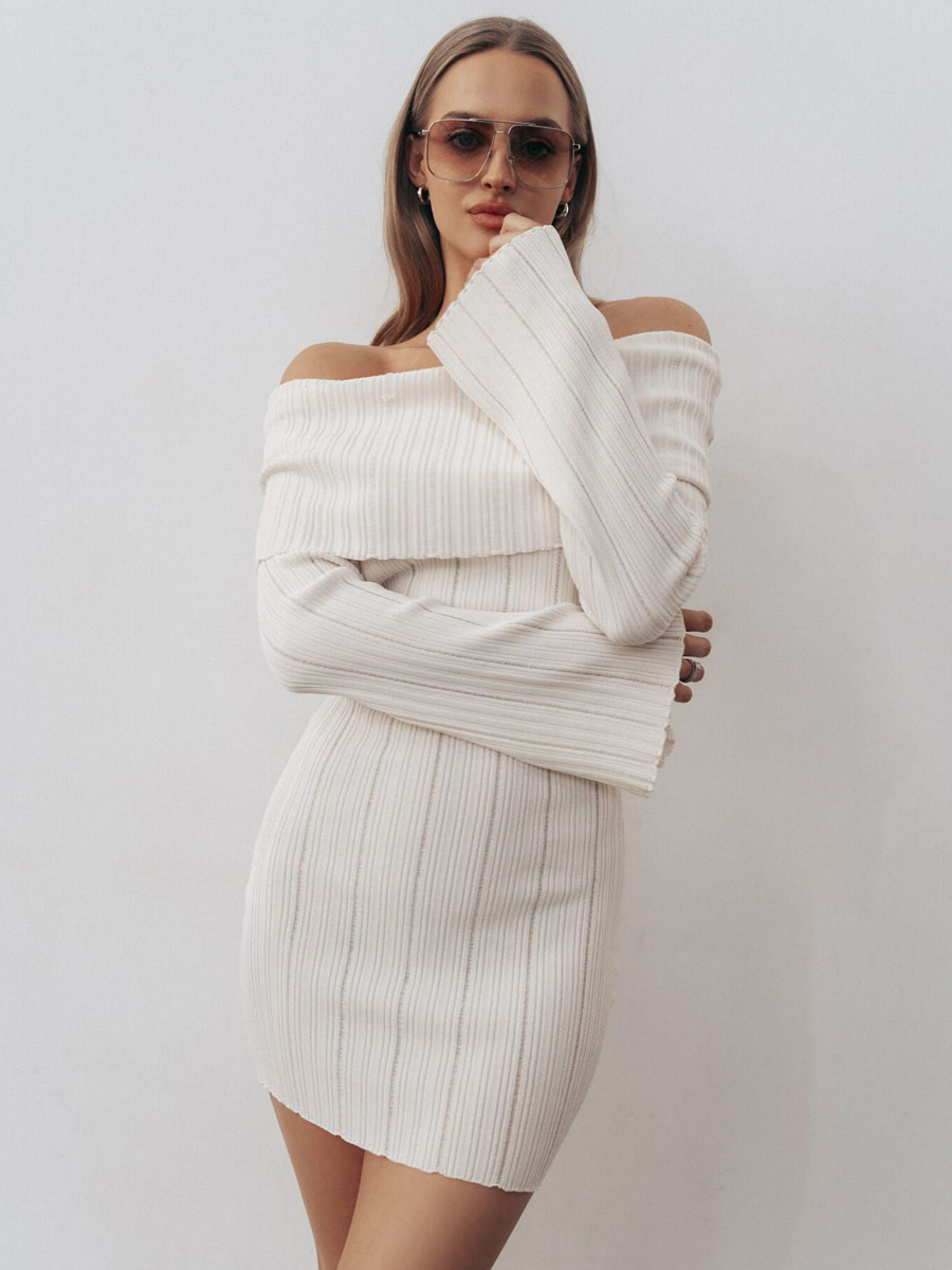 Ribbed Knit Off Shoulder Bodycon Mini Dress For Women