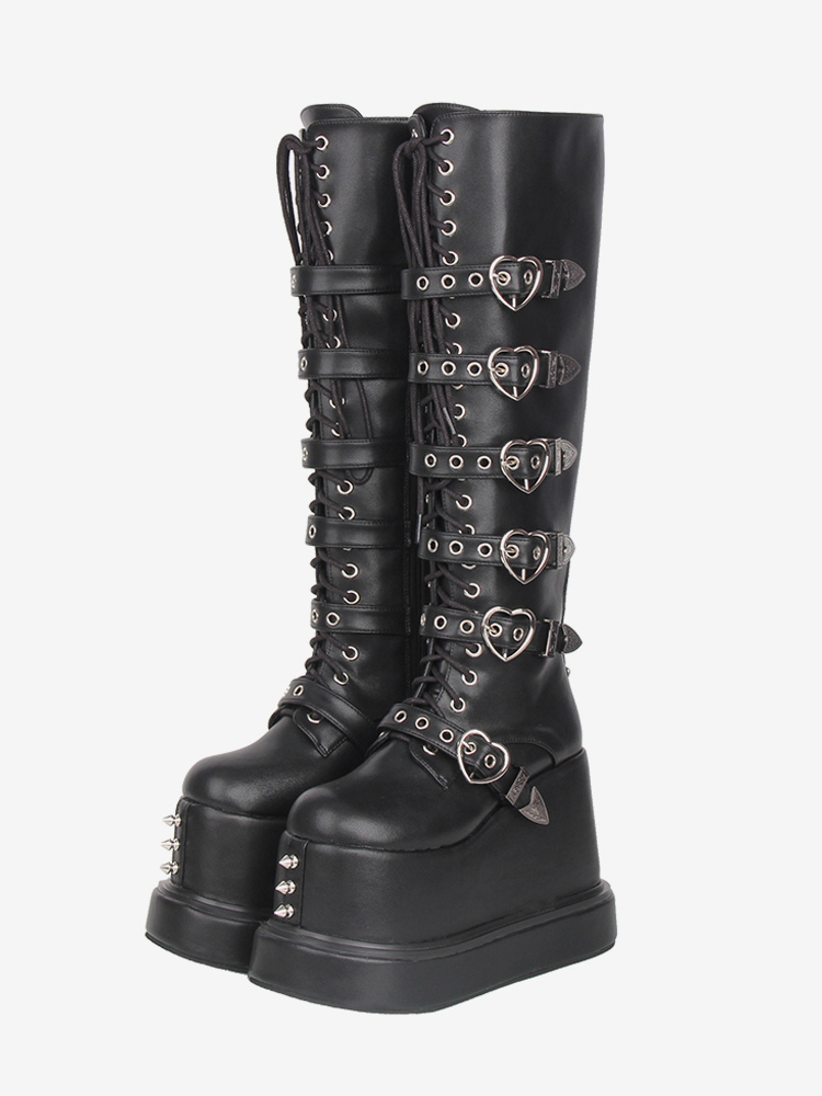 Gothic Lolita Boots PU Leather Round Toe Black Wedge Heel Lolita Shoes
