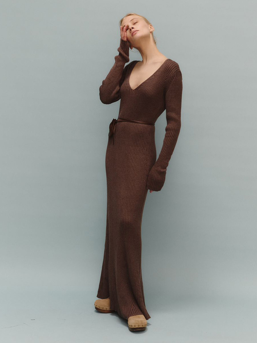 Ribbed Knit V-Neck Slim Fit Long Sleeve Bodycon Maxi Sweater Dress For Women