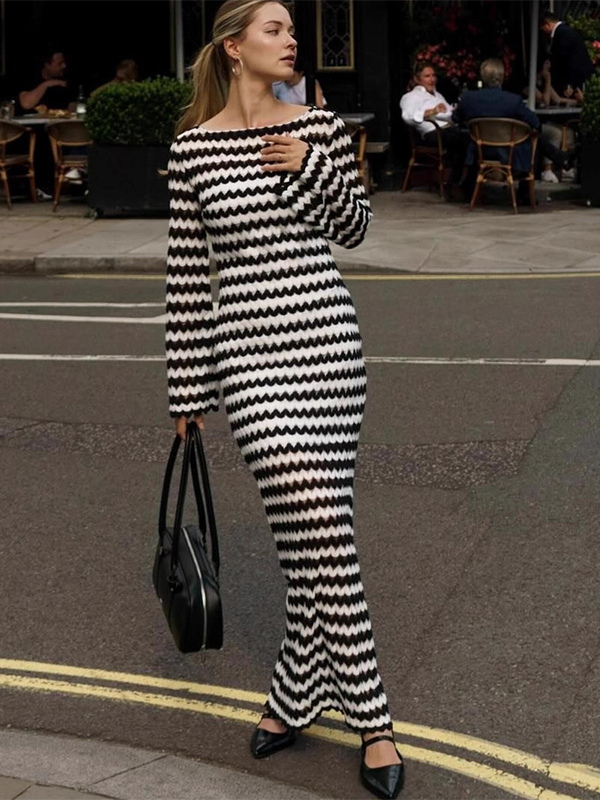 Contrast Wave Pattern Knit Long Sleeve Bodycon Maxi Dress For Women