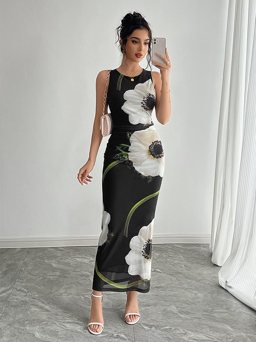 Floral Print Women Maxi Dress - Elegant Ruched Bodycon - s Vintage Aesthetic Summer Daily Wear