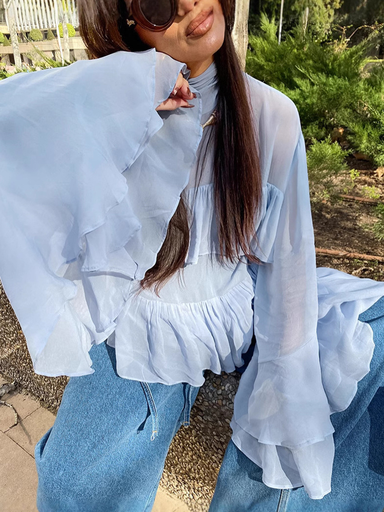 Tiered Ruffle Light Blue Women Blouse - Elegant High Neck Bell Sleeve Top - Boho Chic Beach Wear