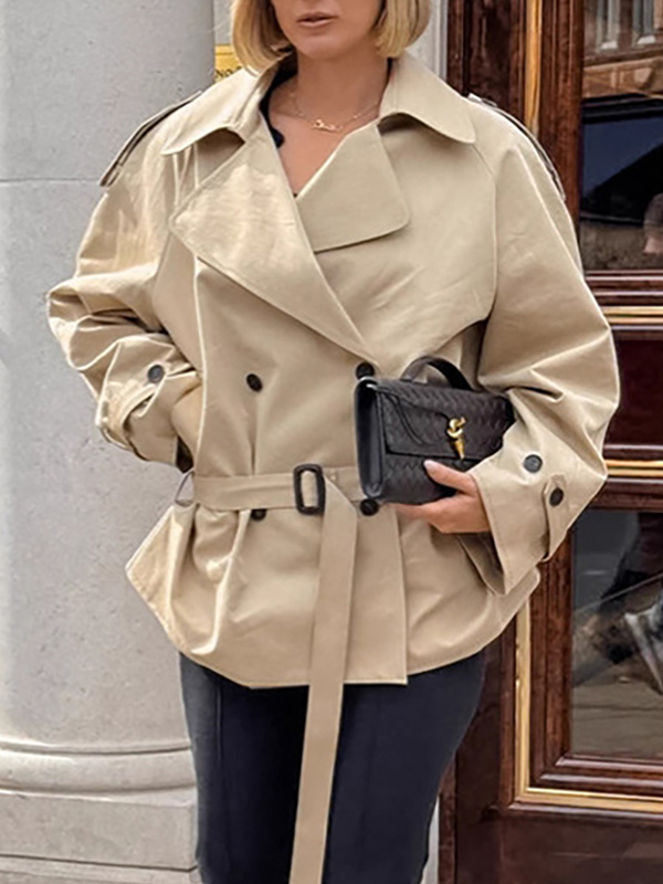 Double Breasted Women's Trench Coat - Classic Lapel Belted Short Windbreaker - Oversized Spring Casual Streetwear
